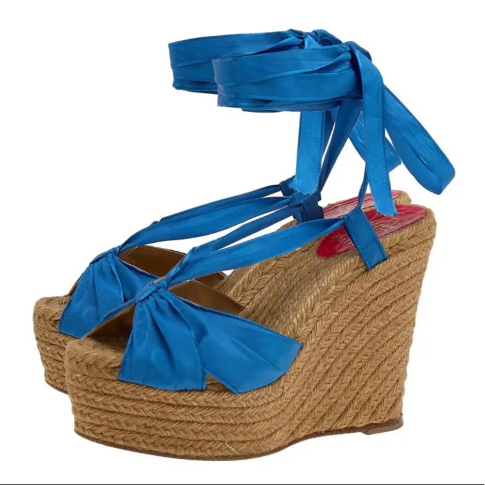 Christian Louboutin Blue Silk Ankle Wrap Wedge Heels Espadrille NEW 39 EU/8 US
